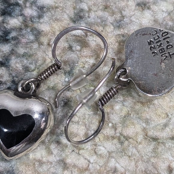 Vintage Mexican Taxco Sterling Silver Heart Charm Earrings with Black Onyx Inlay - Picture 9 of 9